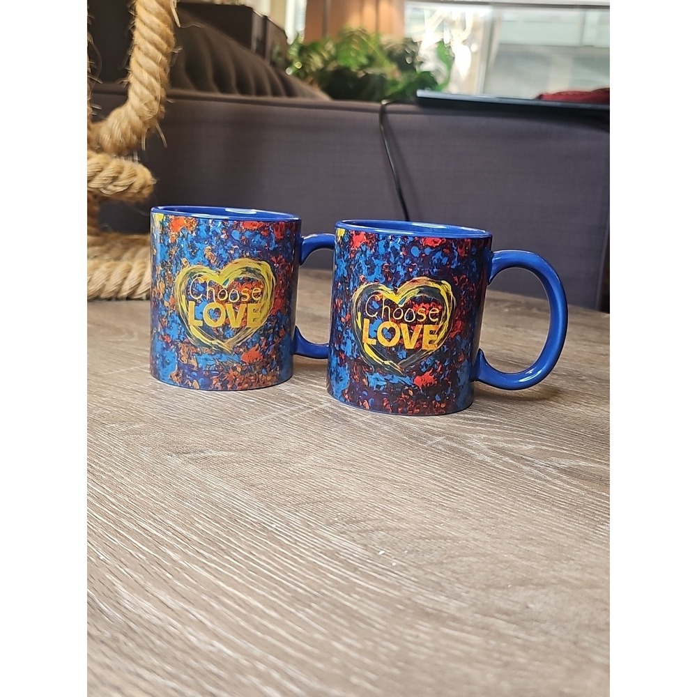 Set of 2 Penzey's Spices "Choose LOVE" 12oz Blue Ceramic Coffee Cups Preowned